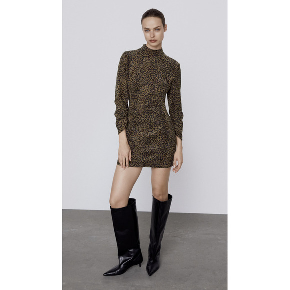 Zara Corduroy Animal Print Long Sleeve Mini Leopard Ruched Dress XS - Picture 1 of 7